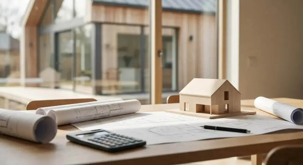 Baupläne, Hausmodell und Taschenrechner auf einem Tisch als Sinnbild für Finanzierungslösungen