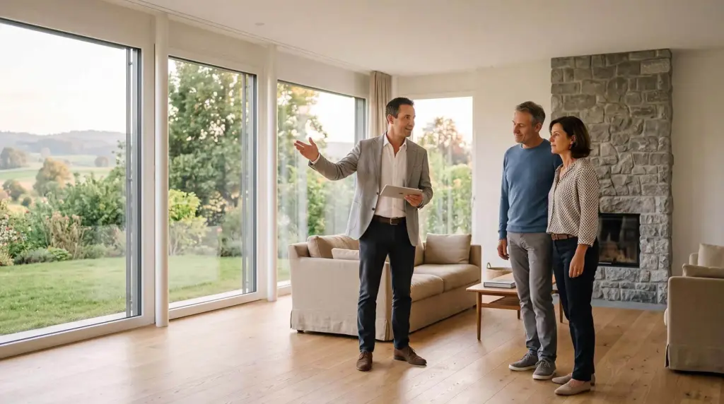 Makler steht mit einem Tablet im hellen Wohnraum eines Einfamilienhauses und erklärt einem Paar die Einschätzung der Immobilie, im Hintergrund grosse Fenster mit Blick in den Garten