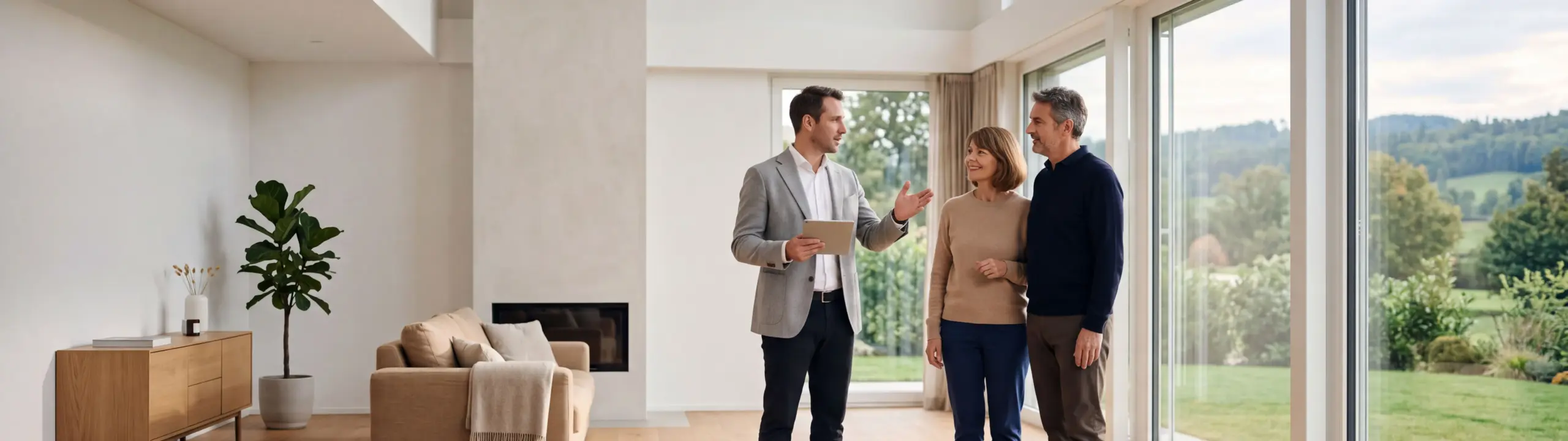  mit Tablet steht mit einem Paar im hellen Wohnraum eines Einfamilienhauses und erklärt die Einschätzung der Immobilie, rechts eine grosse Fensterfront mit Blick in den Garten im warmen Nachmittagslicht