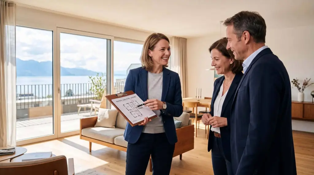Freundlicher Immobilienexperte im Beratungsgespräch mit Eigentümern in einem modernen Wohnhaus
