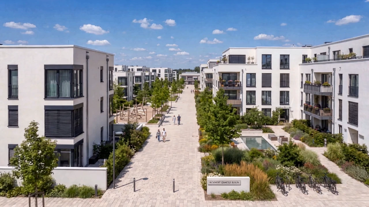 Modernes Wohnquartier aus der Luft: helle Mehrfamilienhäuser mit Balkonen und Dachterrassen entlang einer autofreien, gepflasterten Promenade mit jungen Bäumen, Spielplatz, bepflanzten Beeten und Wasserbecken an einem sonnigen Sommertag