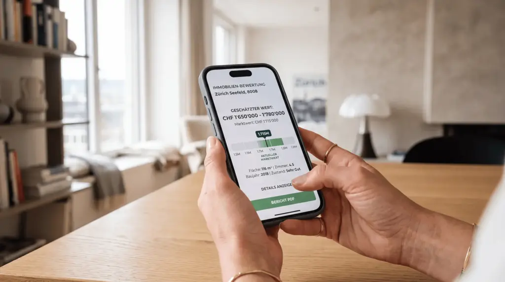 Smartphone in der Hand mit einer übersichtlichen Immobilien-Wertermittlung auf dem Display