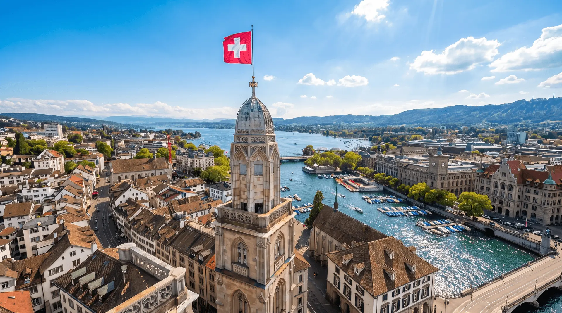 Luftaufnahme der Zürcher Altstadt mit Kirchturm, Schweizer Flagge, Limmat und Zürichsee im Hintergrund