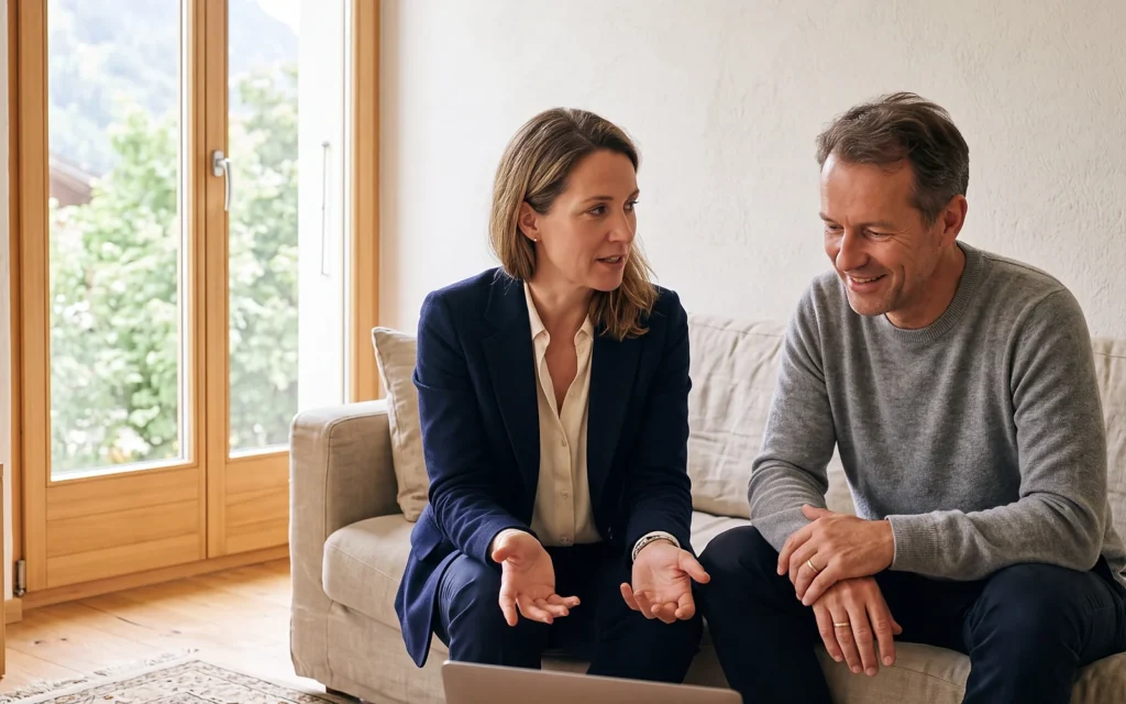 Beraterin im marineblauen Blazer erklärt einem Kunden auf dem Sofa eines hellen Wohnzimmers ruhig den nächsten Schritt