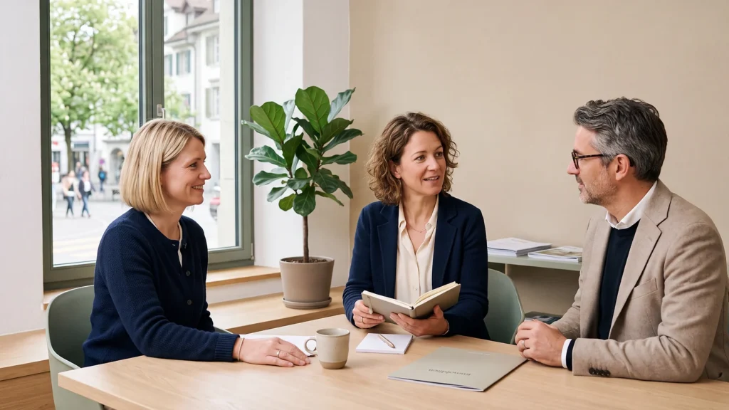 Drei Mitarbeitende von Liventra im Gespräch an einem hellen Eichentisch im Büro, Fenster mit Blick auf eine begrünte Strasse